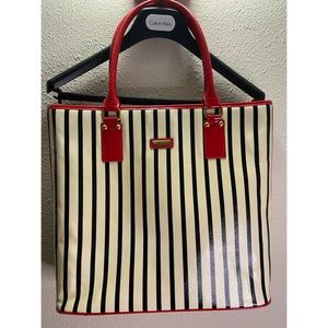 St John Red/Black Stripe Patent Tote Shoulder Bag